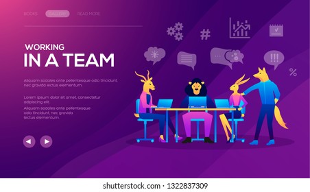 Landing page template of Seo Analytics team. Project management and financial report strategy. Collaboration concept with collaborative people. Business analysis planning vector