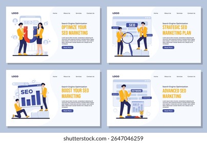 landing page template SEO Concept Set Search Engine Optimization Keyword Research, Optimization Techniques, User Engagement, Data Analytics Digital Marketing Strategy Vector Illustration Flat Design