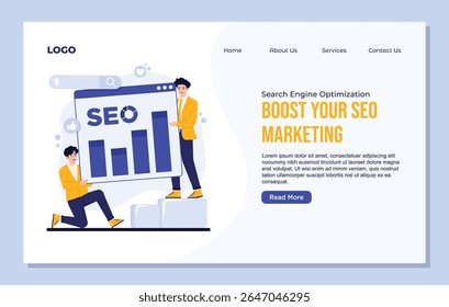 landing page template SEO Concept Search Engine Optimization Keyword Research, Optimization Techniques, User Engagement, Data Analytics Digital Marketing Strategy Vector Illustration Flat Design