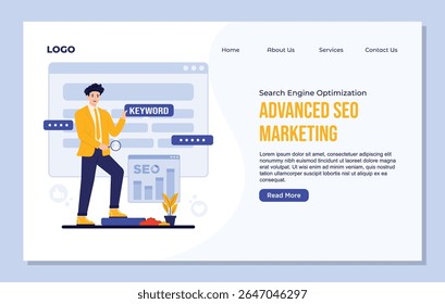 Modelo de página inicial SEO Conceito Search Engine Otimization Keyword Research, Otimization Techniques, User Engagement, Data Analytics Digital Marketing Strategy Vetor Illustration Flat Design