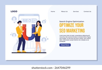landing page template SEO Concept Search Engine Optimization Keyword Research, Optimization Techniques, User Engagement, Data Analytics Digital Marketing Strategy Vector Illustration Flat Design