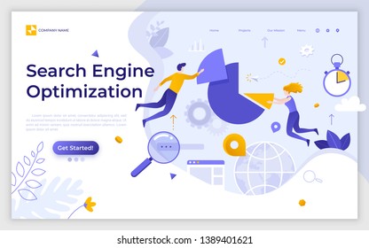 Landing page template with SEO managers floating around pie chart. Search engine optimization, internet marketing, website statistics. Modern flat vector illustration for service advertisement.