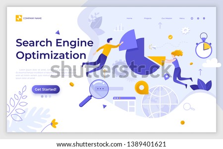 Landing page template with SEO managers floating around pie chart. Search engine optimization, internet marketing, website statistics. Modern flat vector illustration for service advertisement.