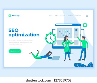 Concepto de optimización de la plantilla de la página de inicio con personal de oficina. Diseño moderno de páginas web de diseño plano para sitios web y sitios web móviles. Ilustración del vector