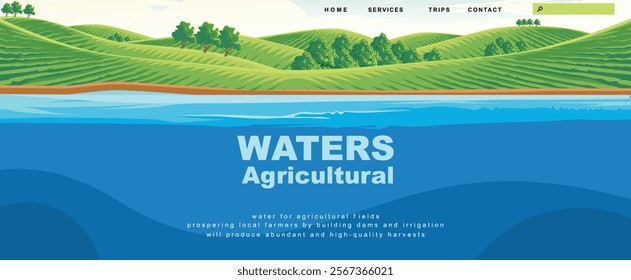 landing page template with a serene rural landscape background with a river flowing through lush green fields