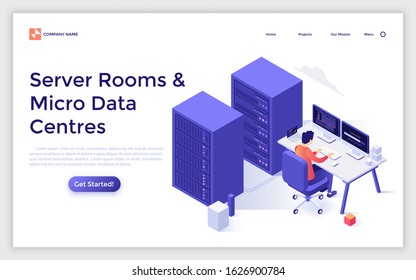 Landing Page Template With Server Racks And Operation Engineer Working At Computer. Concept Of Hardware, Equipment And Control System For Micro Data Center. Modern Isometric Vector Illustration.