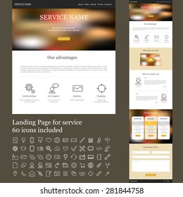 Landing page template for service, one page web site with set of linear icons