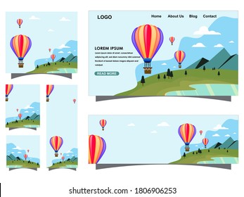 plantilla de página de aterrizaje y conjunto de banners con el concepto de globos de viaje y aire caliente