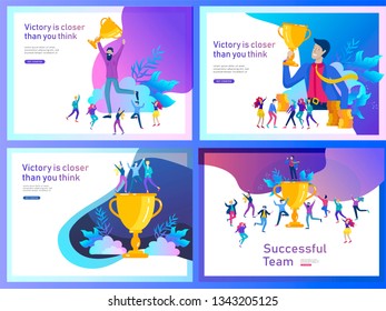 Landing page template set. Business Team Success hold Golden winner cup, concept of people are happy with victory. Office Workers Celebrating with Big Trophy, ways goals
