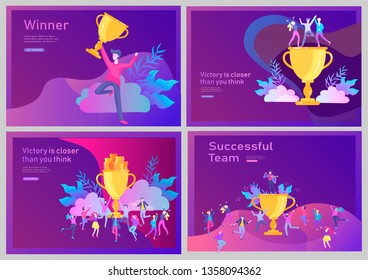 Landing page template set. Business Team Success hold Golden winner cup, concept of people are happy with victory. Office Workers Celebrating with Big Trophy, ways goals