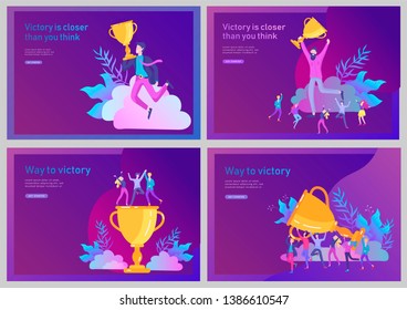 Landing page template set. Business Team Success hold Golden winner cup, concept of people are happy with victory. Office Workers Celebrating with Big Trophy, ways goals