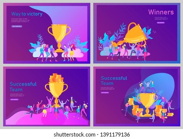 Landing page template set. Business Team Success hold Golden winner cup, concept of people are happy with victory. Office Workers Celebrating with Big Trophy, ways goals