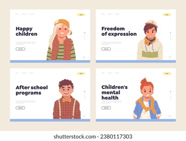 Landing page template set with happy children character providing online training for mental health