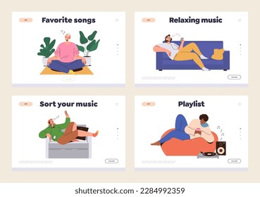Landing page template set for online music library service and happy relaxed diverse people enjoy listening musical tracks, internet radio station or favorite songs podcast vector illustration