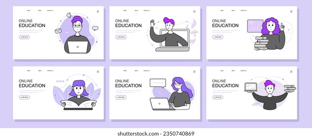 Landing page template set. Smiling students is satisfied with studying online courses using laptop and books. Vector illustration concept for online learning courses, business, seminars, trainings.