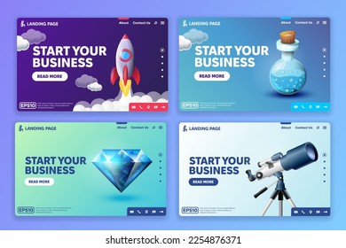 Landing page Template Set de Startup Business. Concepto moderno de diseño plano del diseño de páginas web para sitios web y sitios web móviles.Vector ilustración Flask, diamante, telescopio conceptos.