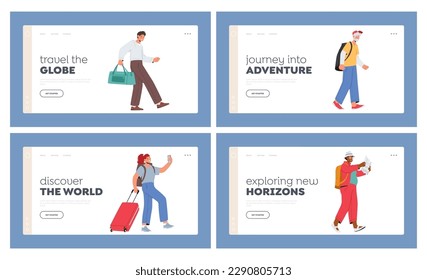 Landing Page Template Set. Tourists Men and Women Walking with Luggage. Image Capturing The Joy Of Characters and Promoting Travel Destinations Or Tour Packages. Cartoon People Vector Illustration