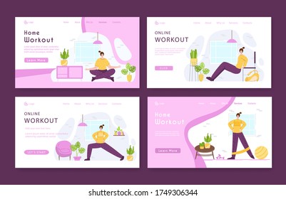 Landing page template set woman doing sport exercises and yoga at home. Indoor fitness workout concept. Home activity for people health and calm. Girl doing sport in living room - vector illustration