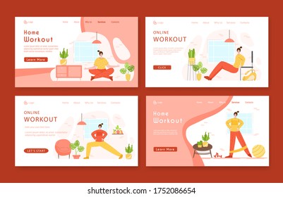 Landing page template set woman doing sport exercises and yoga at home. Indoor fitness workout concept. Home activity for people health and calm. Girl doing sport in living room - vector illustration