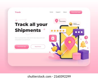 Landing page template of Shipment tracking app. Fast respond delivery package shipping on mobile. Online order tracking with map. Modern 3D design concept of web page design. Vector Illustration