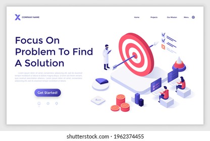 Landing page template with shooing target pierced by arrow, checklist and people working on computers. Concept of focus on problem to find solution. Modern isometric vector illustration for webpage.