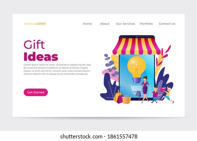 Landing page template with shopping in front of smartphone. Gift ideas. Sales promotion concept, loyalty program to attract customers.