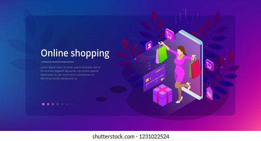 Landing page template of shopping online concept. E-commerce website shop by smartphone.