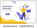Landing page template with shouting man with megaphone. Concept of promotion channels on Internet, digital marketing strategy, online advertising campaign. Modern flat vector illustration for webpage.