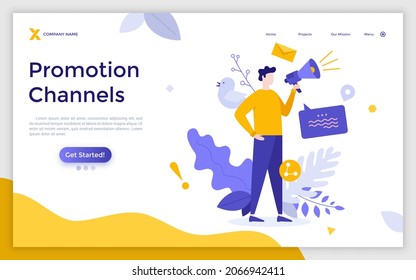 Landing page template with shouting man with megaphone. Concept of promotion channels on Internet, digital marketing strategy, online advertising campaign. Modern flat vector illustration for webpage.