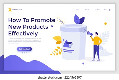 Landing page template with shouting man with megaphone or bullhorn and paper coffee cup. Concept of public product promotion, audio advertisement, promo message. Flat vector illustration for webpage.