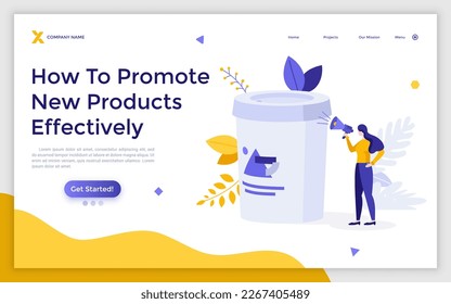Landing page template with shouting woman with megaphone or bullhorn and paper coffee cup. Concept of public product promotion, audio advertisement, promo message. Flat vector illustration for webpage