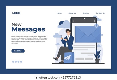 Landing page template showcasing communication concepts with a focus on sending and receiving new messages