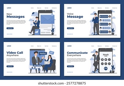 Landing page template showcasing communication concepts, including voice mail, video calls, and messaging