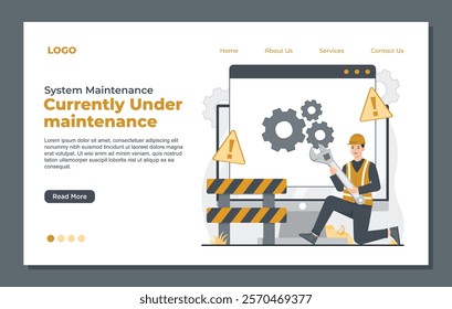 Landing page template showcasing system repair, under maintenance, and error 404 for software developers