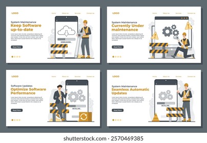Landing page template showcasing system repair, under maintenance, and error 404 for software developers