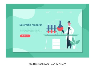 Landing page template showing scientist doing scientific research in laboratory using test tubes and flasks, holding tablet, with drawer cabinet and plant, healthcare and experiment concept