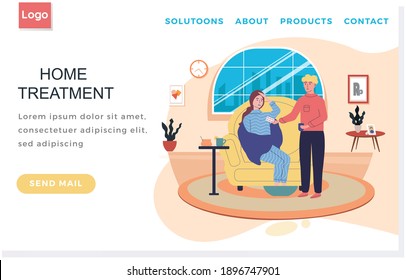 Landing page template with sick people. Home treatment concept. Man giving pills to woman. Girl suffering from headache. Prevention of spread of colds and coronavirus. Female character soars feet