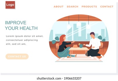 Landing page template with sick people. Improve human health concept. Couple drinking tea together at home. Girl treats and communicates with guy. Man spends time with his girlfriend in apartment