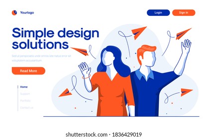 Plantilla de página de inicio de soluciones de diseño simple. Equipo de jóvenes trabajando juntos en un espacio de trabajo moderno. Concepto moderno de diseño plano del diseño de páginas web para sitio web y sitio web móvil. Fácil de editar 