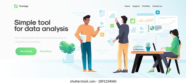 Landing page template of Simple tool for Data Analysis. Team of young people working together in modern workspace. Modern flat design concept of web page design for website and mobile website