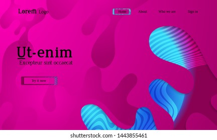 Landing page template with simple wavy shapes and cut paper with shadow over striped background. Social media web banner. Bright colored isolated.