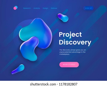Landing page template for the sites with theme of research, discovery, science and education. Liquid and flow graphics elements. Header for website. Vector illustration