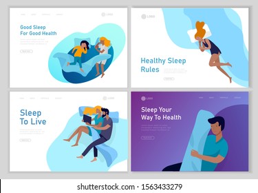 Landing page template sleeping people character. Family with child are sleep in bed together and alone in various poses, different postures during night slumber. Top view. Colorful vector illustration