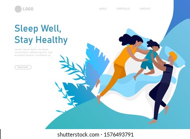 Landing page template sleeping people character. Family with child are sleep in bed together and alone in various poses, different postures during night slumber. Top view. Colorful vector illustration