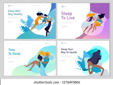 Landing page template sleeping people character. Family with child are sleep in bed together and alone in various poses, different postures during night slumber. Top view. Colorful vector illustration