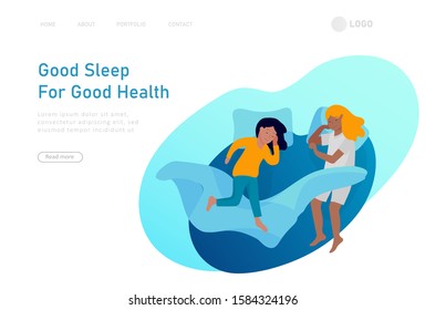 Landing page template sleeping people character. Family with child are sleep in bed together and alone in various poses, different postures during night slumber. Top view. Colorful vector illustration