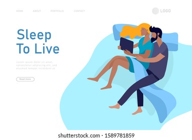 Landing page template sleeping people character. Family are sleep in bed together in various poses, different postures during night slumber. Top view. Colorful vector illustration