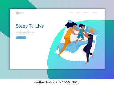 Landing page template sleeping people character. Family with child are sleep in bed together and alone in various poses, different postures during night slumber. Top view. Colorful vector illustration