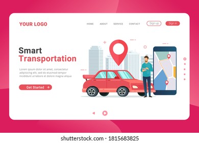 Landing page template smart and mobile city transportation vector illustration concept. Online car sharing with cartoon character and smartphone