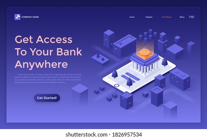 Landing page template with smartphone in center of night city, bank building and glowing coin on top of it. Concept of access to mobile banking application account. Isometric vector illustration.